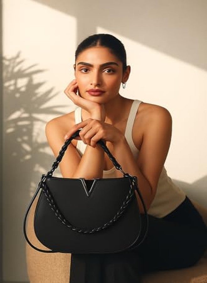 junelux Premium Shoulder Bag for Women � Designer Handbag with Braided Strap & V-Metal Detail | Multiple Stylish Colors. (Black) - Image 4